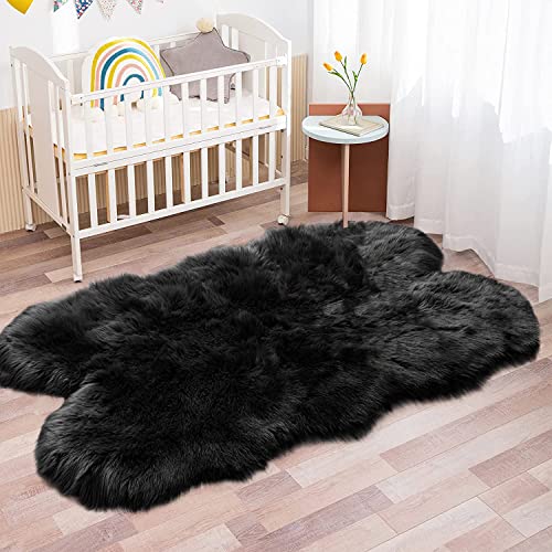 Black Faux Fur 4x6 Area Rug Tapetes para Sala for Bedroom Fluffy Plush Shag Rug for Living Room Furry Rugs Washable Rug Luxury Home Décor (4' x 6' (Sheepskin) / Black)