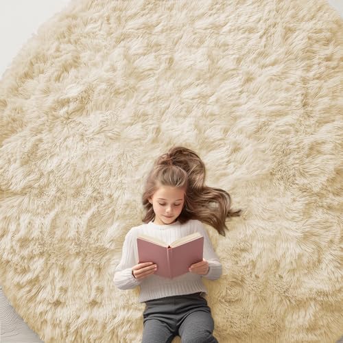 Cream Round Rugs for Bedroom (8 Ft Round / Cream)