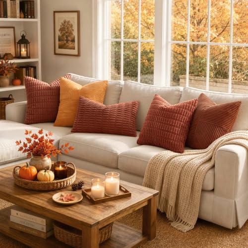 Fall Corduroy Decorative Throw Pillow Covers 18x18 Rust Pack of 2 (Rust / 18" x 18" (Pack of 2))