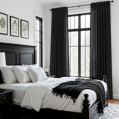 Vintage Black Linen Curtains 63 Inch Length for Living Room Light Filtering Semi Sheer Curtain Back Tab and Rod Pocket Privacy Luxury Gothic Vintage Decor Drapes for Bedroom Office 52x63 (52"W x 63"L (Pack of 2) / Vintage Black)