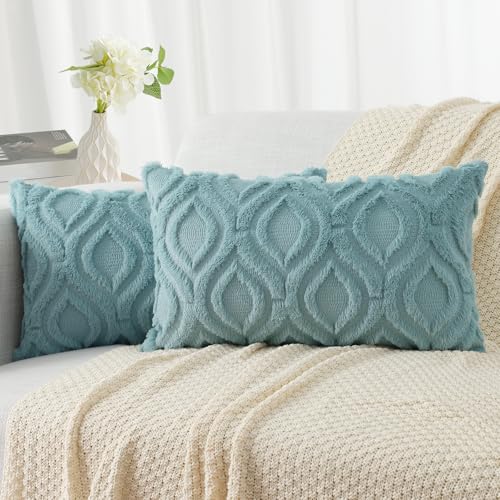 Faux Fur Plush Soft Aqua Throw Pillow Covers 12x20 Set of 2 (20" x 12" (Pack of 2) / Aqua)