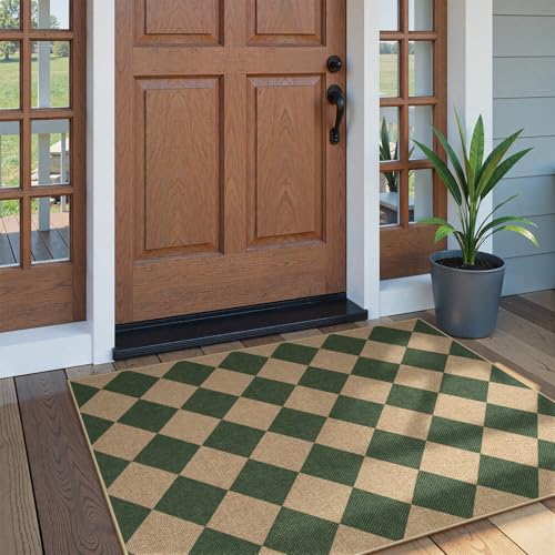Checkered Easy Jute 3x5 Outdoor Patio Rug (3' x 5' (Rectangular) / Deep Green/Nature-2)