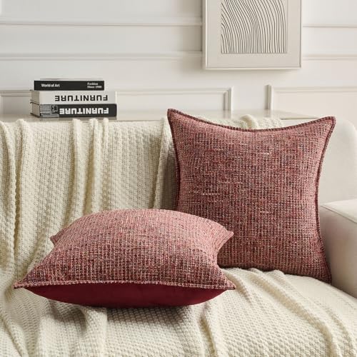 Pack of 2 Tweed Chenille Throw Pillow Covers 20x20 Inch (Burgundy / 20" x 20" (Pack of 2))