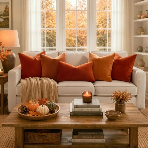 Velvet Fall Throw Pillow Covers 12x12 Inch Pack of 2 Burnt Orange (12" x 12" (Pack of 2) / Burnt Orange)