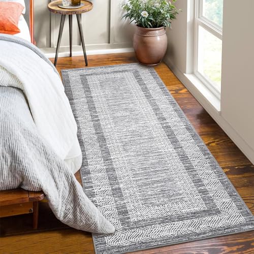 2x6 Modern Bordered Runner Rug Non Slip Washable Floor Carpet (Grey / 2' x 6' (Runner))