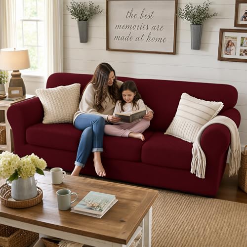 4 Piece Stretch X (91"-110"(3 Cushions) / Wine Red)