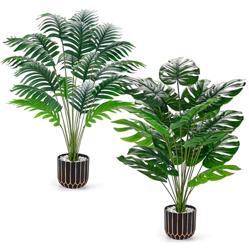 2 Pack 28" Fake Plants (28"- Areca Palm+Monstera)