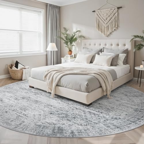Round Rugs 9ft Living Room Circle Area Rug 9x9 Grey Vintage (Grey / 9' (Round))