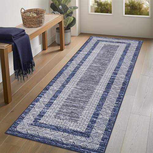 Washable 2.5x10 Kitchen Runner Blue Rug Easy Clean Hallway Rugs (Blue / 2'6" x 10' (Rectangular))