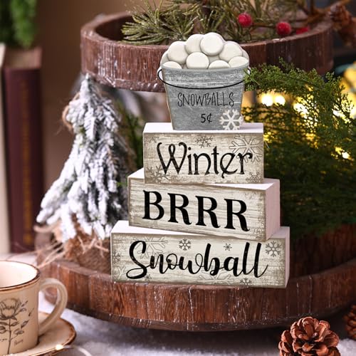 4 Pcs Winter Wooden Block Signs Farmhouse Table Decoration (Snow Bucket)