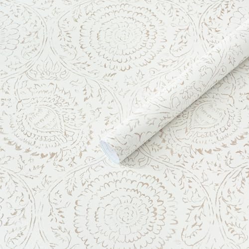Boho Peel and Stick Wallpaper Modern Floral Wall Paper Neutral Beige Contact Paper Self Adhesive Removable Renter Friendly Wallpaper for Bedroom and Living Room Shelf Liner Vinyl 17.3'' x 385'' (Light Beige / 17.3" x 385")