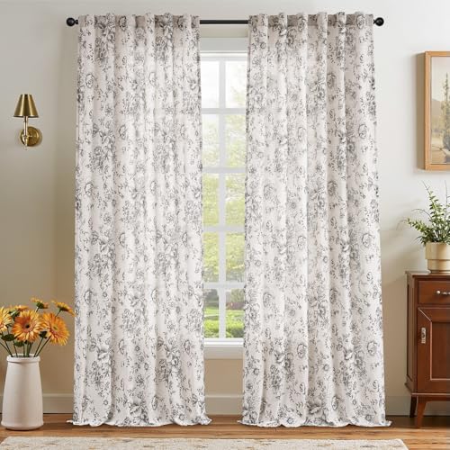 Vintage Floral Linen Curtains 96 Long for Living Room 2 Panels (Black on Beige / 50"W x 96"L (Pack of 2))