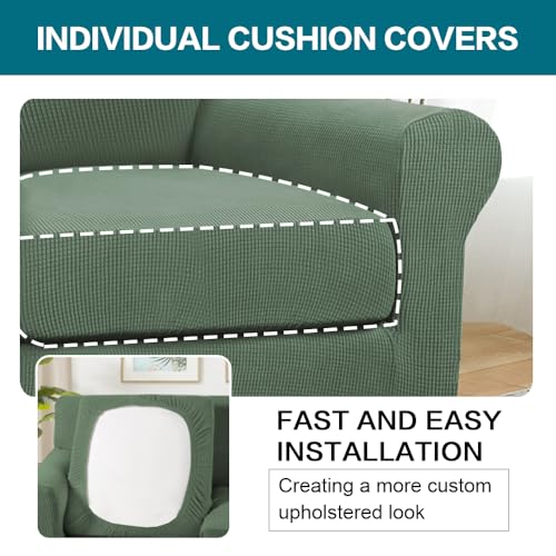 2 Piece Chair Covers Armchair Slipcovers for Living Room Armchair Sofa Cover with Individual Cushion Covers Feature Jacquard Fabric (Armchair (1 Cushion) / Loden Frost)