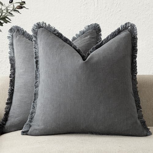 Decorative Linen Fringe Throw Pillow Covers 24×24 Inch (24" x 24" (Pack of 2) / Grey)