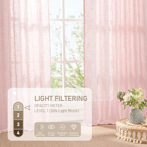 Short Window Sheer Linen Curtains 30 Inch Length for Cafe 2 Panels (Pink / 34"W x 30"L (Pack of 2))