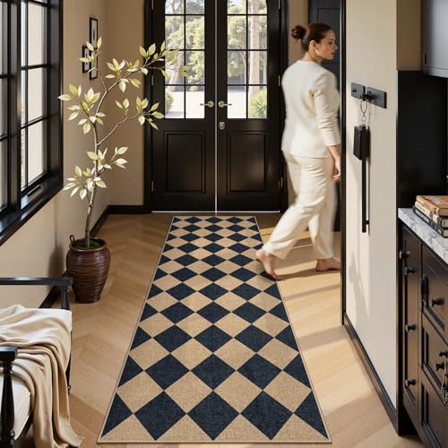Checkered Easy Jute Non Slip Kitchen Runner (2'6" x 8' (Runner) / Black/Checkerboard -2)