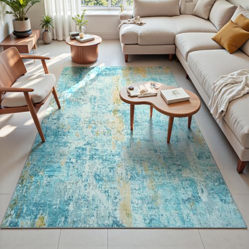 Living Room Rug 5x7 Teal Blue Area Rug Machine Washable Boho Rug Non Slip Abstract Vintage Indoor Large Rugs for Bedroom (Teal Blue / 5' x 7' (Rectangular))