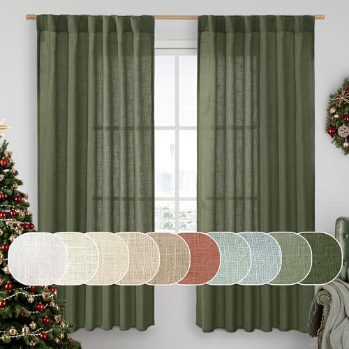 Olive Green 72 inch Linen Curtains for Living Room Bedroom 2 Panels (Olive Green / 52"W x 72"L (Pack of 2))
