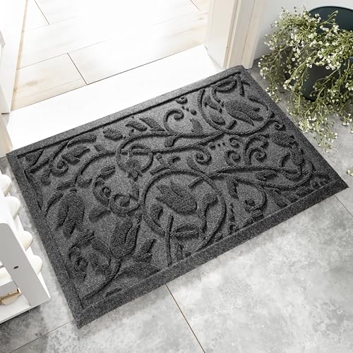 Boho Grey Floral Leaves Outdoor Indoor Entrance Doormats (Tulip-grey / 1'5" x 2'6" (Rectangular))