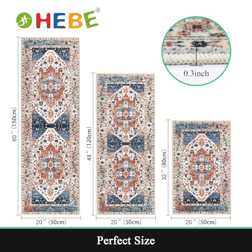 HEBE Boho Kitchen Rugs Set of 3 (Rust / 20"x32"+20"x48"+20"x59")