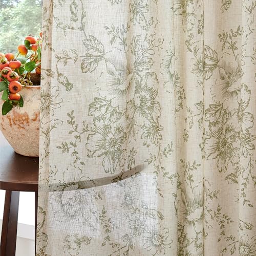 Vintage Floral Linen Curtains 96 Long for Living Room 2 Panels (Green / 50"W x 96"L (Pack of 2))