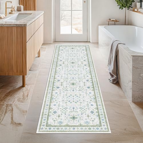 Washable Oushak 2x6 Bathroom Runner Rug (2' x 6' (Runner) / Cream Green)