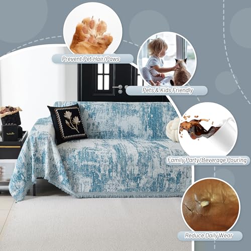 Boho Couch Cover for Dogs Washable Sage Abstract Couch Sofa Protector for Cats Pets Friendly Chenille Geometric Sofa Covers Soft Durable Farmhouse Sofa Slipcovers (71" x 102" / 1# Blue)