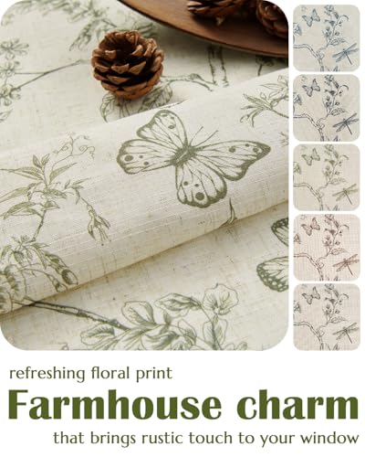 Floral Linen Curtains for Living Room 63 Inch Length Butterfly Sage Green Floral Curtains French Country Farmhouse Flower Patterned Drapes Window Treatments Set 2 Panels (Flower Sage Green / 50"W x 63"L (Pack of 2))