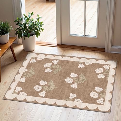 Front Door Mat Outside Entrance (Flower - Brown / 2' x 3' (Rectangular))