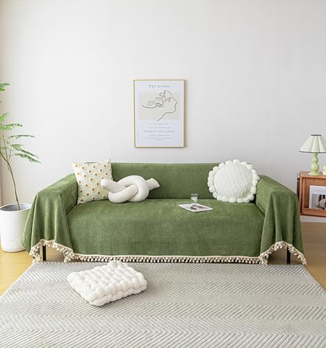 Green Sofa Cover Vintage Couch Cover for Dogs 71" X118" Couch Cushion Covers with Tassel Herringbone Sofa Cover Boho Sofa Covers for 3 Cushion Couch Chenille Soft Loveseat Sofa Covers (71" x 118" / Tassel Ball: Green)
