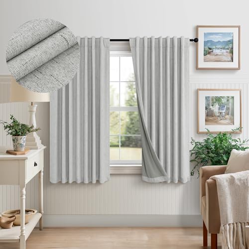 54 Inch Curtains 2 Panel Set 100% Blackout Linen Textured Room Darkening Thermal Insulating Curtain for Bedroom Winter Summer Heat Blocking Draft Kitchen Bathroom 54 Inches Long Light Grey Gray (Light Grey / 52"W x 54"L (Pack of 2))