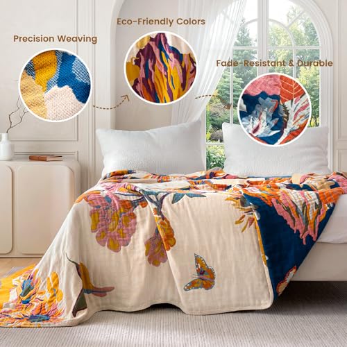 Boho Throw Blanket 90"x90" Cotton Blanket for Bed (D-flower and Butterfly / 90"x90")