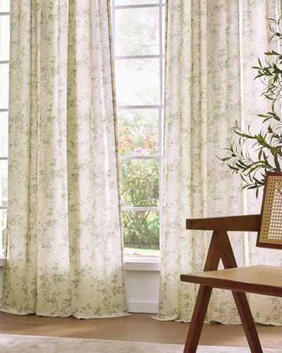 Extra Long Green Vintage Floral Linen Curtains Farmhouse 2 Panels (Green on Beige / 38"W x 108"L (Pack of 2))