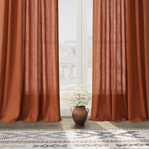 Extra Wide Linen Curtains for Living Room 84 Inches Long Terracotta Light Filtering Semi Sheer Boho Farmhouse Curtain for Bedroom Office Luxury Back Tab and Rod Pocket 100x84 (100"W x 84"L (Pack of 2) / Terracotta)