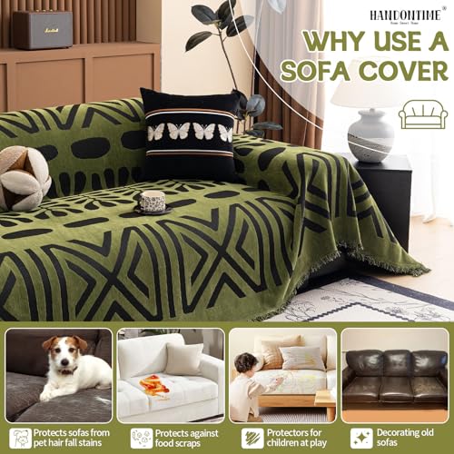 Boho Couch Cover Geometric Striped Pet Covers for Couches and Sofas Olive Green and Black Dog Cover for Couch Pet Friendly Chenille Sectional Sofa Covers for Pets Washable (71" x 150" / Stripe: Olive Green and Black)