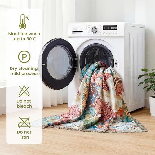 Boho Throw Blanket 50"x60" 100% Cotton Floral Muslin Sofa Blanket (Leaves Flowers 1 / 50"x60")