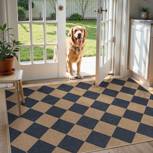 Checkered Easy Jute 3x5 Outdoor Rug (3' x 5' (Rectangular) / Blue/Checkerboard -2)