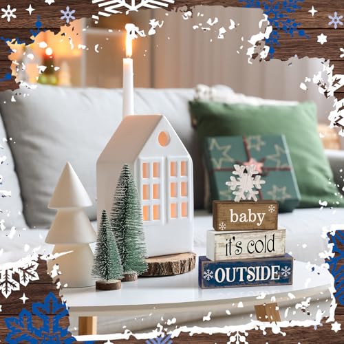 4 Pcs Wooden Block Signs Baby Its Cold Outside Farmhouse Decor (Snowflake)