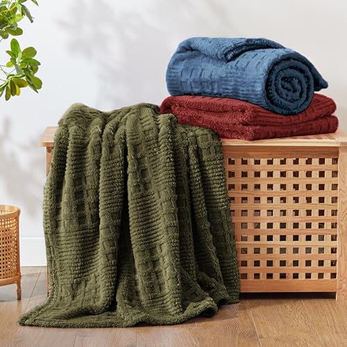 Green Fleece Throw Blanket for Couch or Bed Waffle Pattern Decor (02-moss Green / Throw)