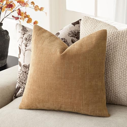 Solid Textured Chenille Throw Pillow Covers 24x24 (24" x 24" (Pack of 2) / Amber Gold)