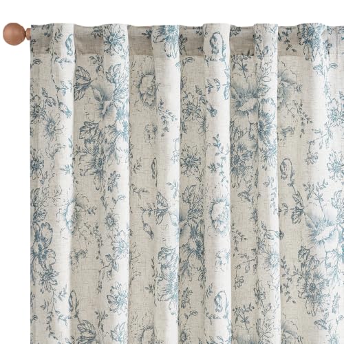 Floral Lined Linen Curtains 90 Long for Living Room 2 Panels (Lined Blue / 50"W x 90"L (Pack of 2))