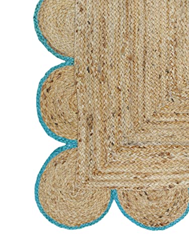 Scalloped Natural Jute Area Rug (2'6"x14' (Runner) / Teal)