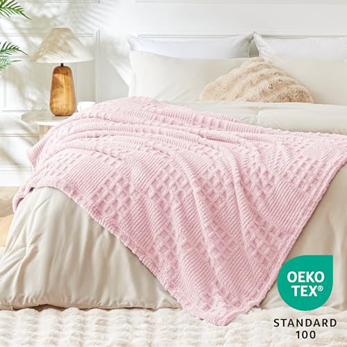 Pink Fleece Throw Blanket for Couch or Bed Waffle Pattern Decor (02-pink / Throw)
