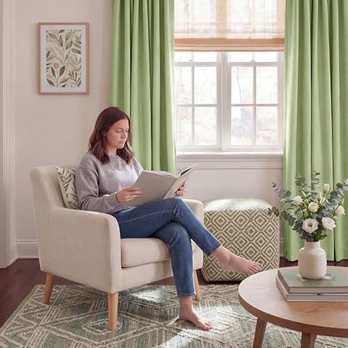 100% Absolutely Blackout Linen Curtains for Bedroom Living Room (52"W x 84"L (Pack of 2) / Olive Green)