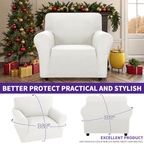 Super Stretch Chair Slipcover Universal Sofa Chair Covers for Living Room Dogs Pet Furniture Protector Spandex Armchair Slipcovers with Anti Slip Foam Sticks (White / Small (30"-47"))