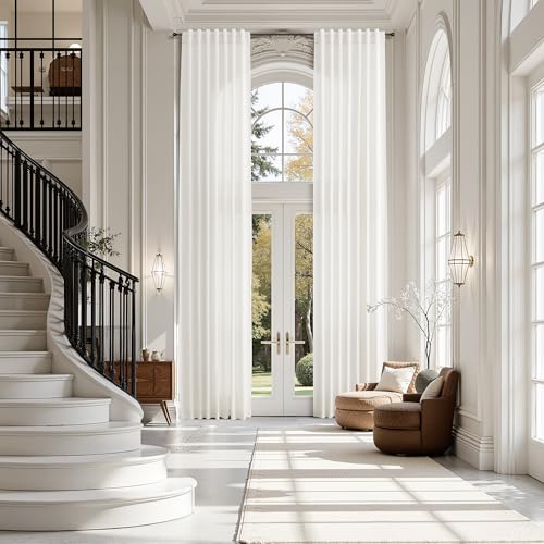 Extra Long Beige White Linen Curtains 144 Inch for Living Room 2 Panels Set Rod Pocket Back Tab Light Filtering Semi Sheer Curtain Privacy Floor to Ceiling High Ceiling Drapes for Farmhouse 52x144 (52"W x 144"L (Pack of 2) / Beige White)