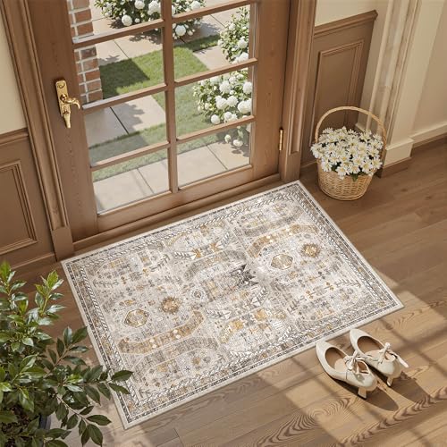 Washable Area Rug 2x3 Small Entryway Rugs Non (Brown/Gold / 2' x 3' (Rectangular))