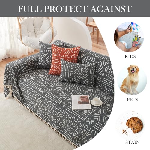 Black White Boho Sofa Cover Boho Geometric Couch Covers Tassel Farmhouse Dog Sofa Covers for Slipcover Aesthetic Couch Cushion Cover Couch Protector for Dogs Living Room Décor (71" x 150" / Tassel 2:black/White)
