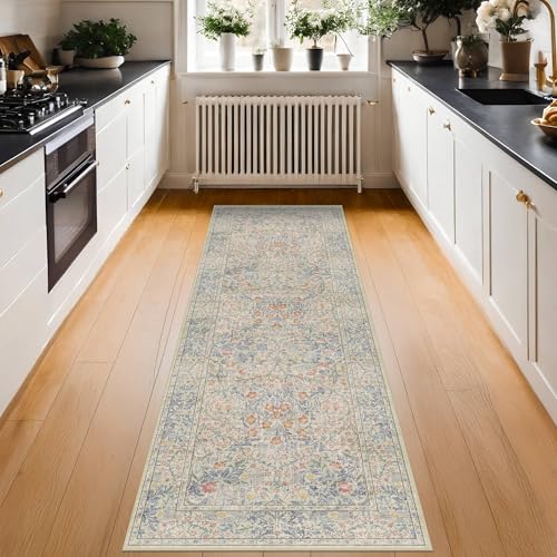 Non Slip Beige Blue Hallway Runner Rug (Beige Blue / 2' x 7' (Runner))