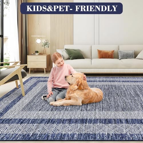 Small Bedroom Area Rug 3x5 Bordered Rug for Living Room Nursery (Blue / 3' x 5' (Rectangular))